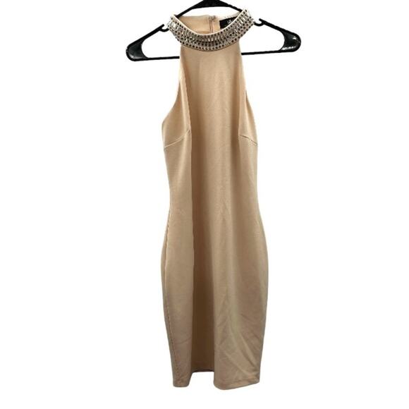 Lulus Beige Cream Sleeveless Embellished Jeweled Mock Neck Mini Dress Size M‎ - Picture 1 of 9